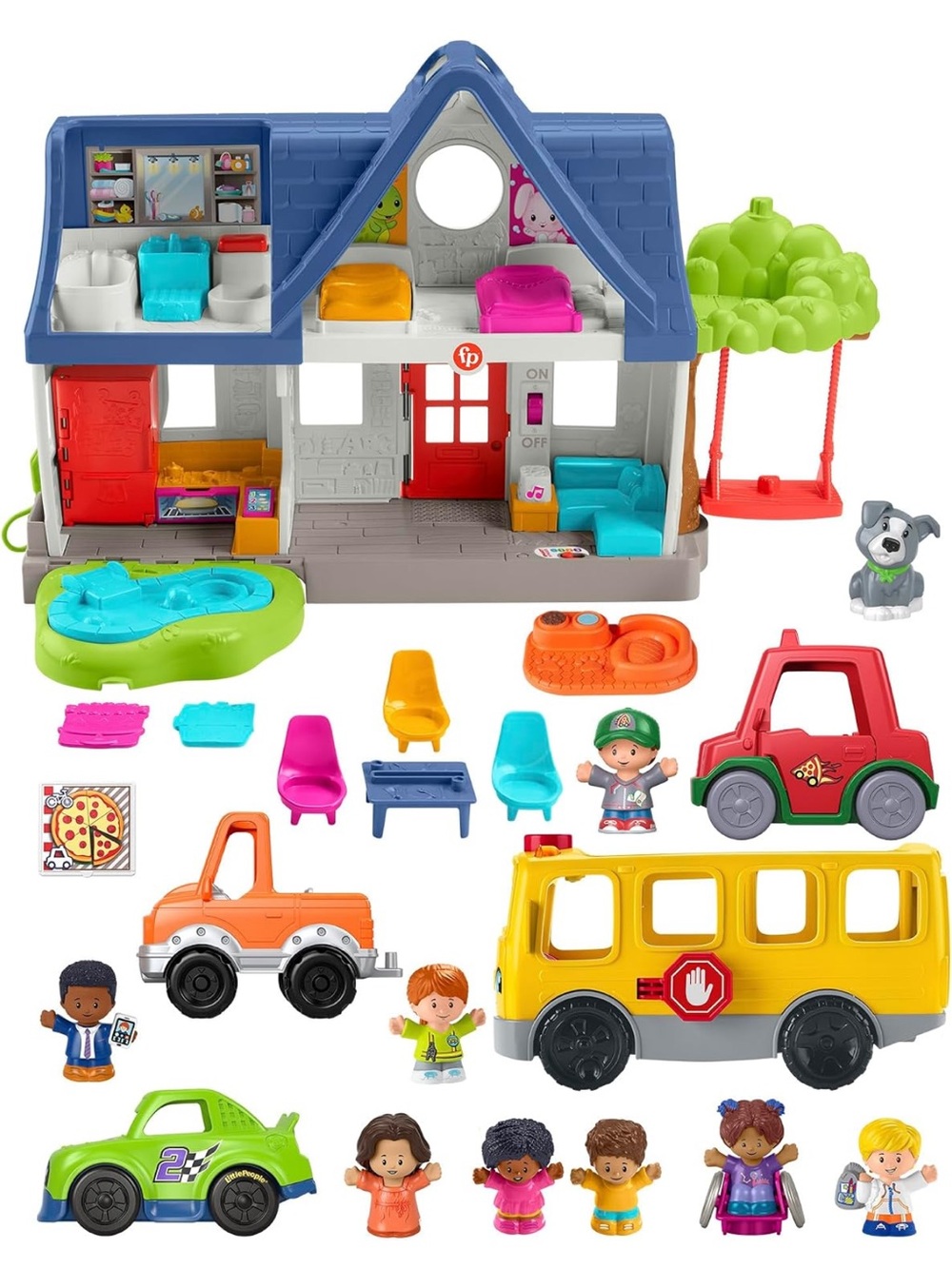 Fisher-Price Playhouse Set with Blue Roof and Yellow Bus